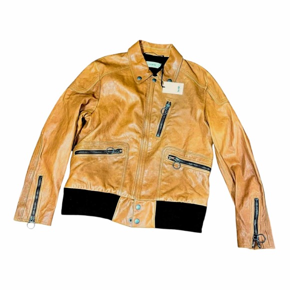 Coach Sheep Leather Brown Men's Biker Motorcycle Jacket Size 50 Zipped Pockets